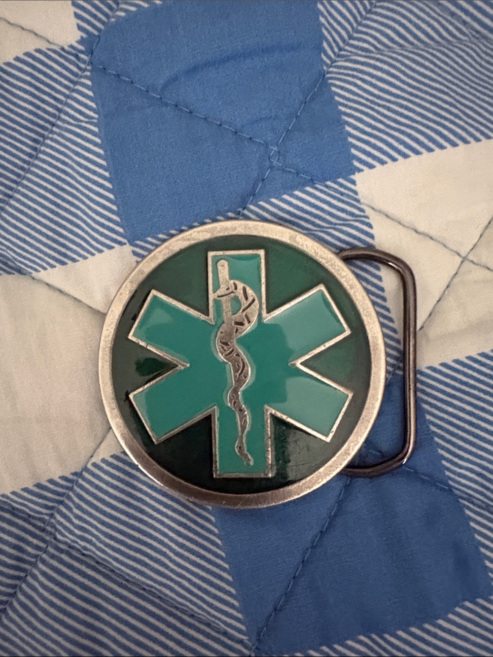 Vintage EMS Medical Star of Life Belt Buckle in Teal and Silver